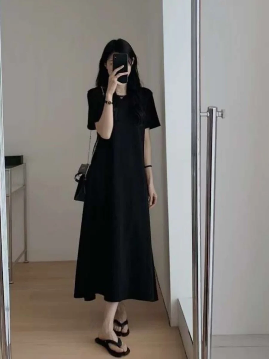 プラスサイズ黒背中の開いたクロスボディバッグ夏ルーズフィット隠すお世辞ロング Tシャツドレスプラスサイズの女性のための