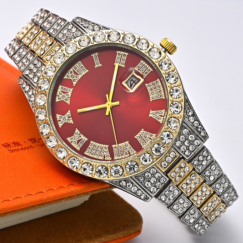 メンズステンレススチールウォッチとブレスレット,カレンダー,ラインストーンとヒップホップスタイル,2個