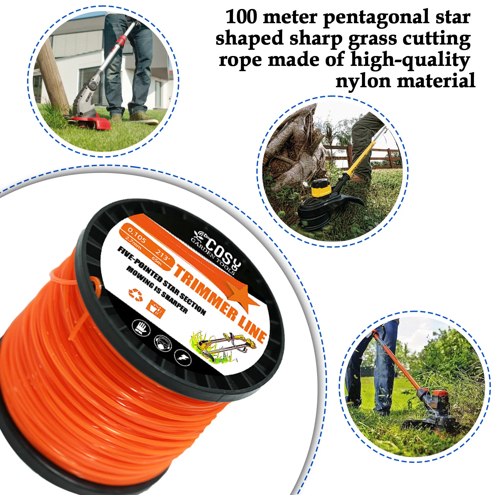 COSY 2.4mm~4mm Brush Cutter Sharp Rope 46m~130m Grass Mower Pentagram Nylon Mowing Trimmer Line Trimmer Head String Grass