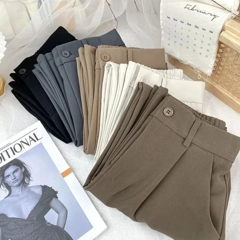 Outono primavera preto terno haren calças femininas moda elástica cintura alta calças casuais mulher estilo coreano sólido escritório pant 2023