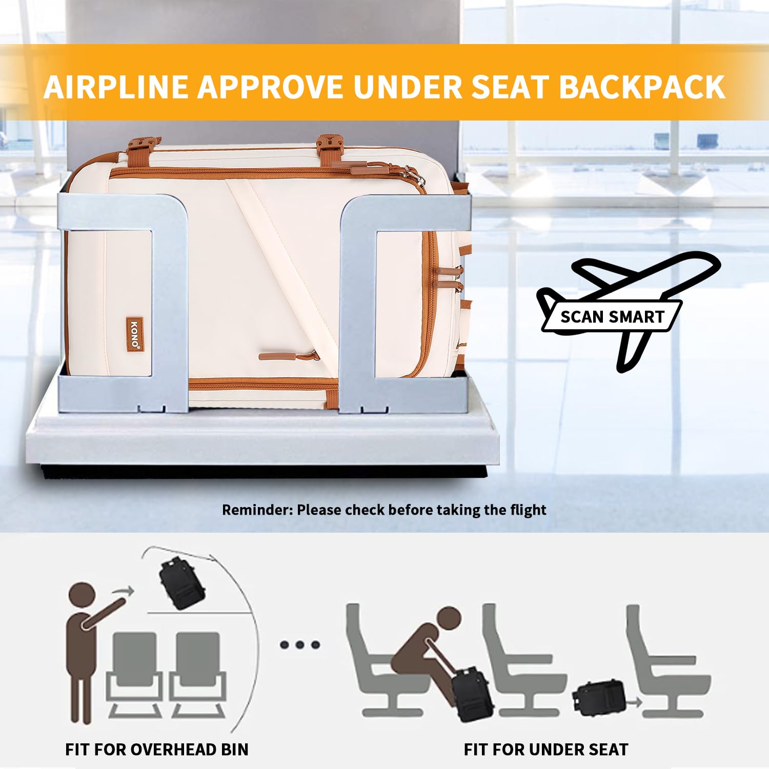 Kono Kabinentasche für Ryanair, Handgepäck Rucksack 40 x 20 x 25 cm, 20 l, beige/braun, Untersitz Reisegepäck für Flugzeug