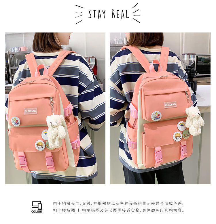4-Piece Set Primary School Schoolbag Female Ins Korean Version of Campus Lightweight Large-capacity Backpack Resh Junior High