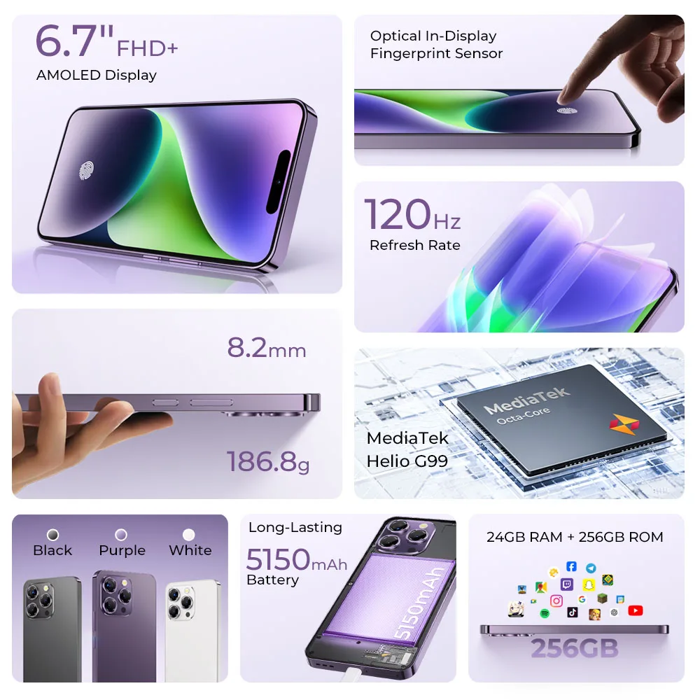 OUKITEL P1 Smartphone Global Version 6.7'' 120Hz AMOLED Display 8GB 256GB MTK Helio G99 50MP Main Camera 5150mAh NFC Cellphone