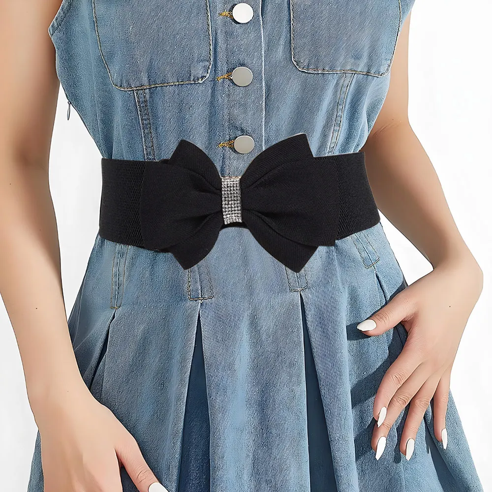 Adjustable Buckle Women's Elastic Wide Belt Plus Size Solid Color Bowknot Waistband Rhinestone Stretch Belt