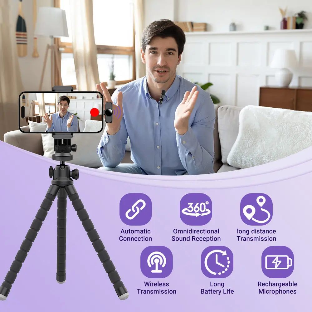 Wireless Lavalier Microphone Mini Portable Smart Noise Reduction Video Recording Microphone for iPhone Android Lapel Mic