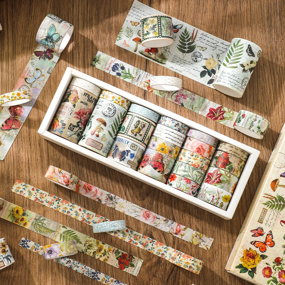 20 ม้วน Vintage Washi เทปชุดผีเสื้อดอกไม้ Masking เทป (3 ม้วน Bronzing เทป) อุปกรณ์ Scrapbooking