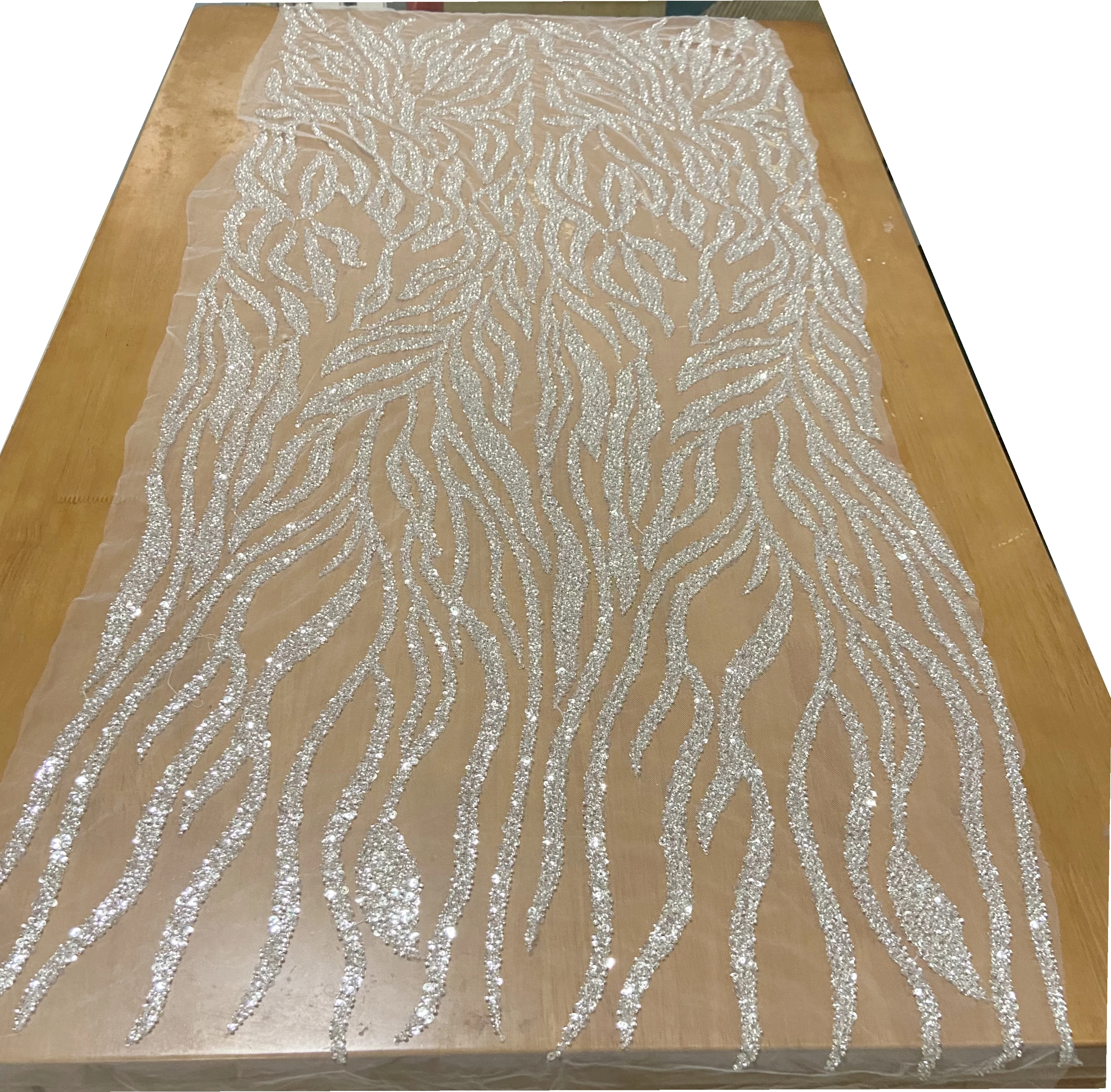 5Yard ใหม่ High-End เล็บลูกปัด Sequins ผ้าลูกไม้คริสตัลเงินชุดแต่งงาน