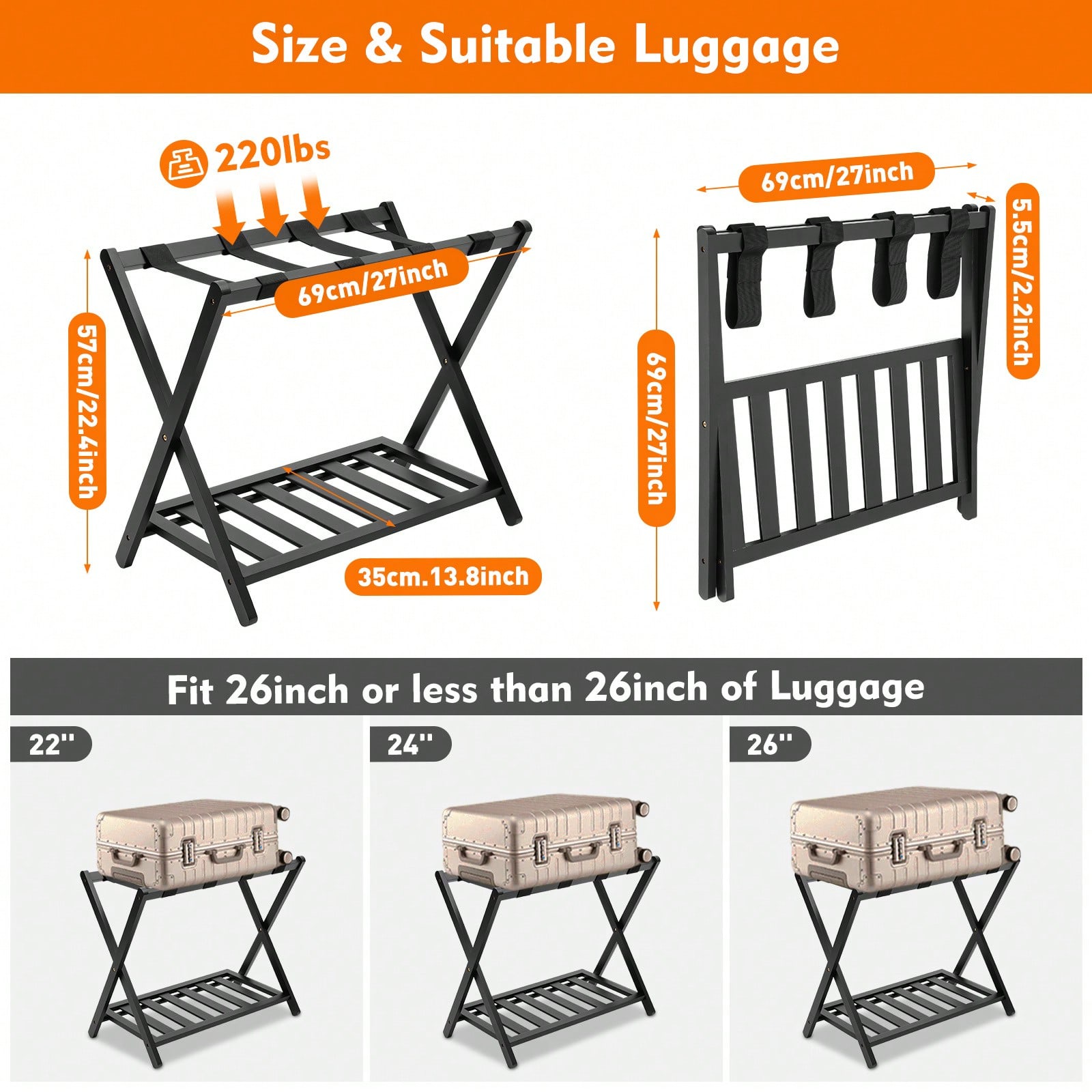 Portapacchi nero, supporto per valigia pieghevole in bambù aggiornato con 4 cinghie in nylon, portapacchi con ripiano per camera da letto dell'hotel
