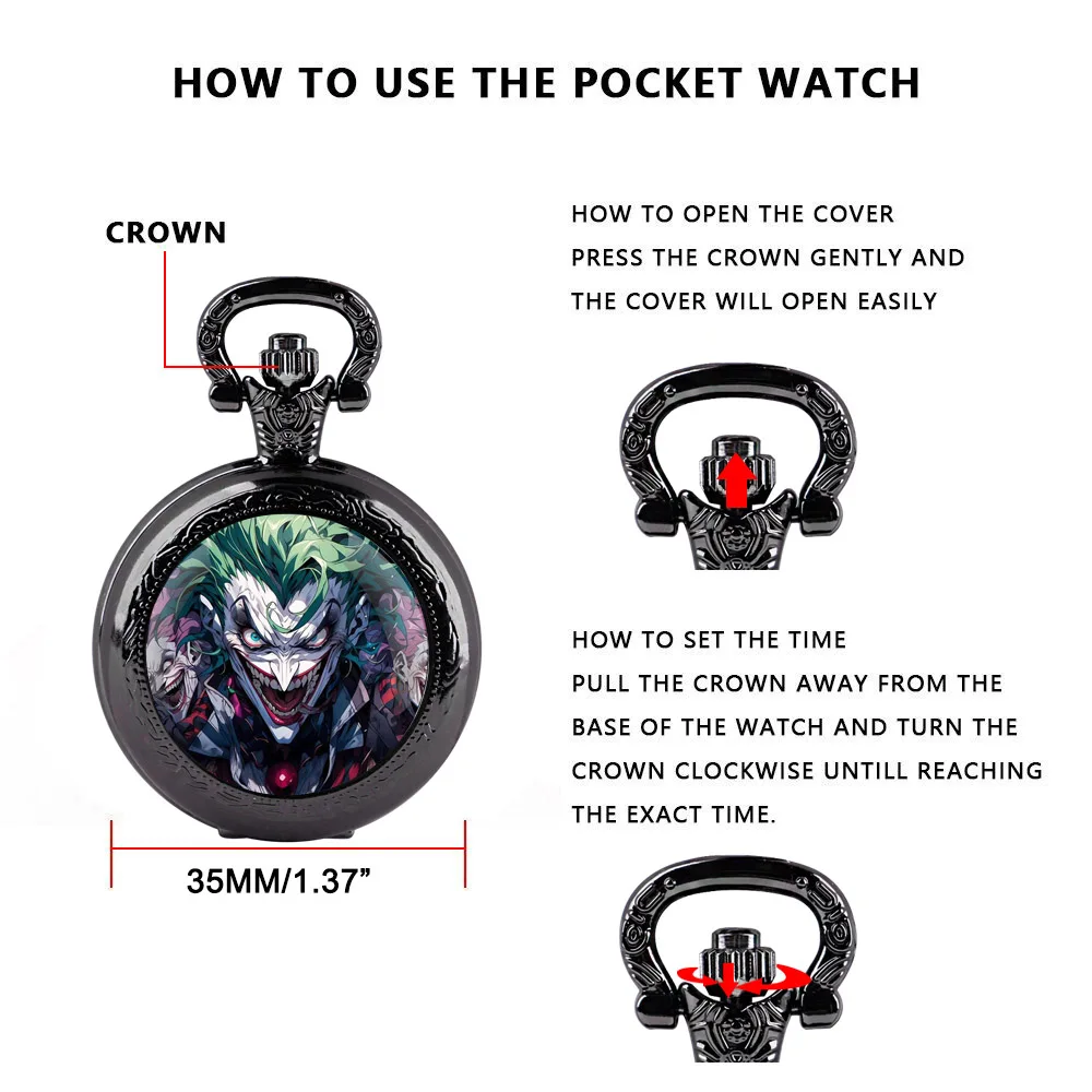 Orologio da tasca al quarzo con cupola in vetro a tema Joker Quadrante classico con numeri arabi con catena resistente per uomini Regali creativi