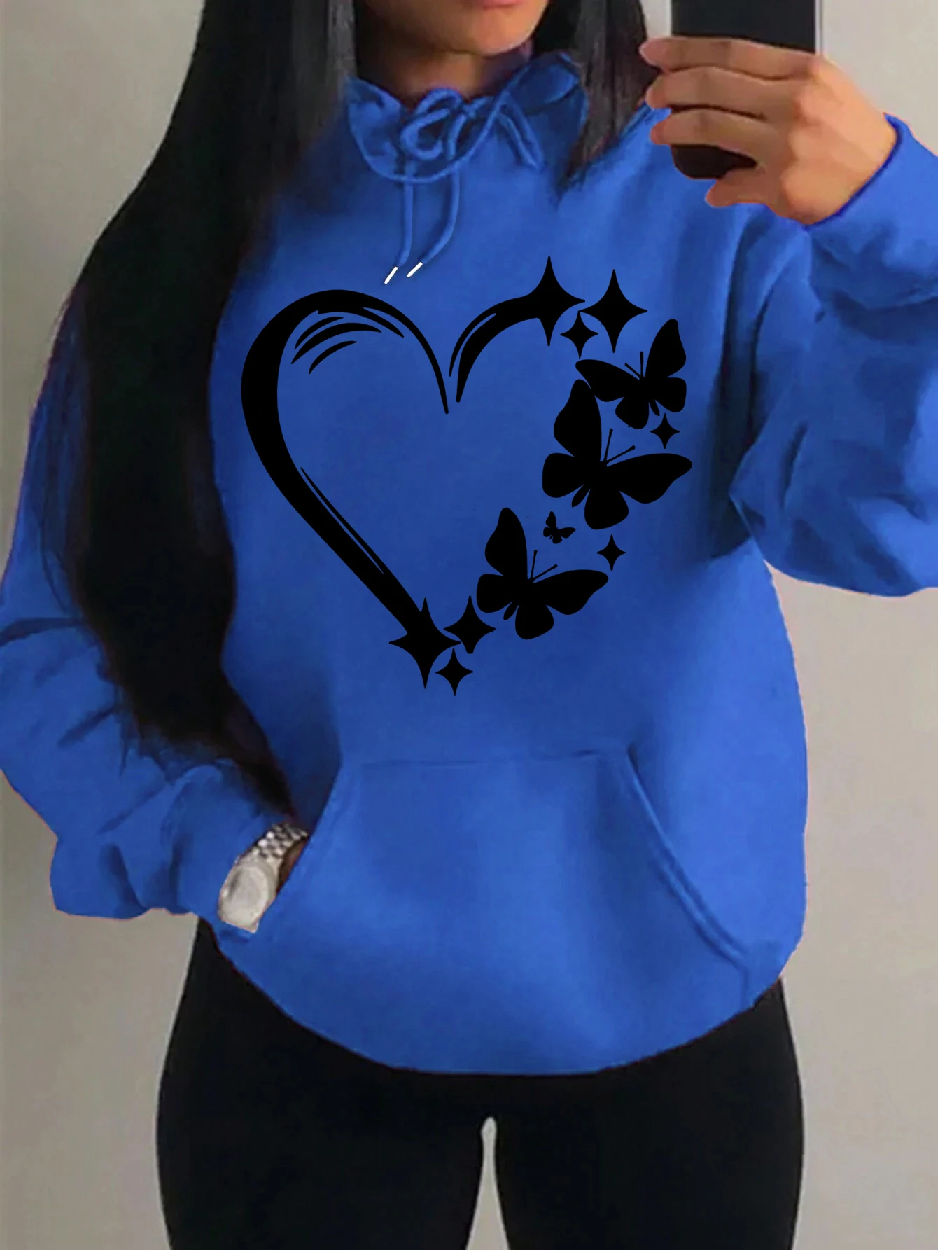 Combinatie van liefde en vlinderpatroon Hoody Dames Hip Hop Street Hoodies Trendy zakkleding Vintage veelkleurige hoodie
