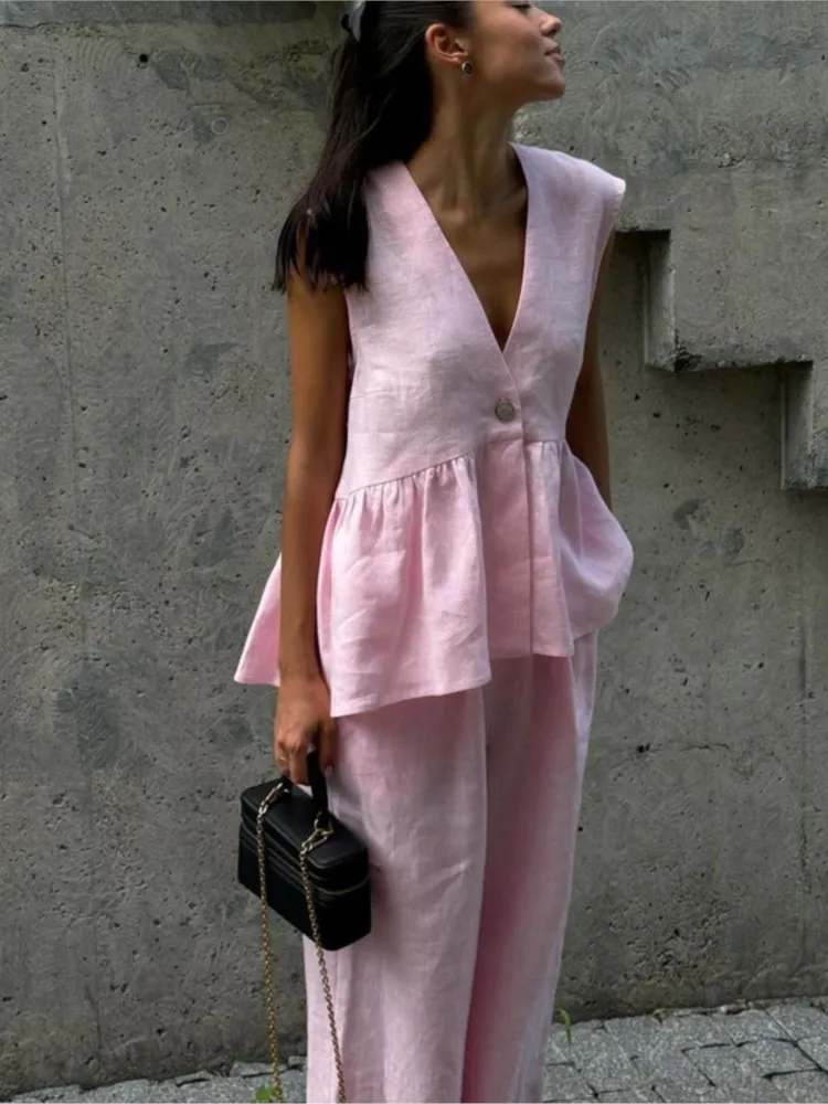Mode Rosa Baumwolle Leinen 2-teiliges Set Frauen Sommer Chic Elegantes Outfit Ärmelloses Rüschen Tank Top Und Lose Breite bein Hosen Sets