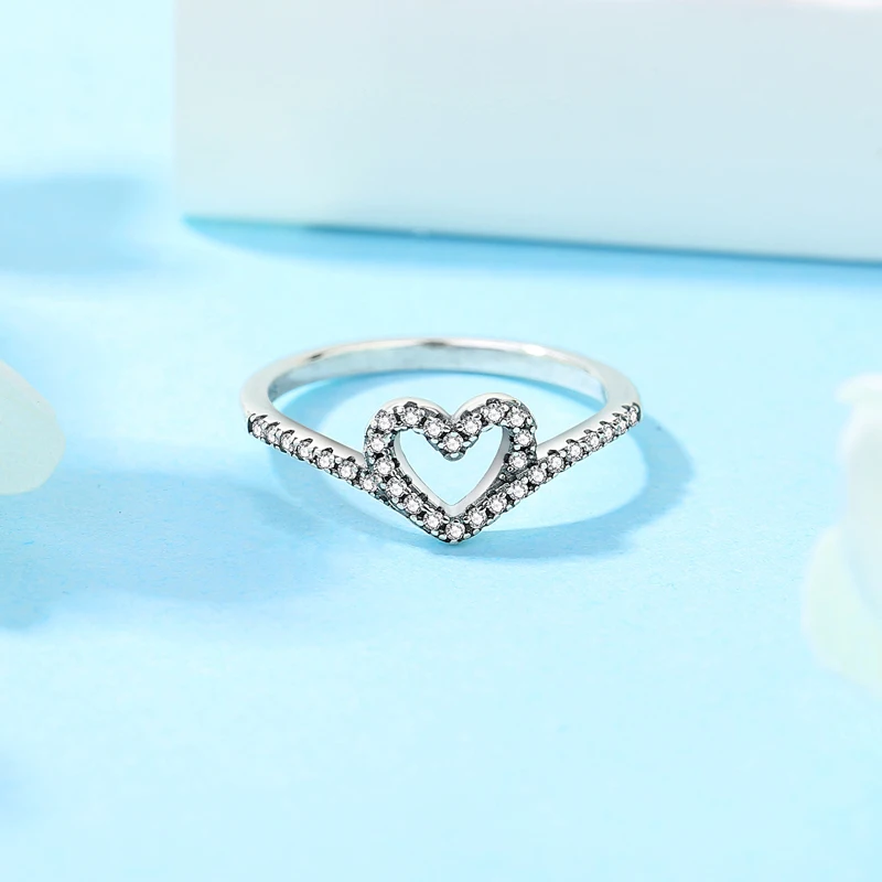 Anelli originali in argento sterling 925 per le donne Amore Cuore Corona Wishbone Anello di fidanzamento nuziale Regalo di gioielli di lusso in oro rosa