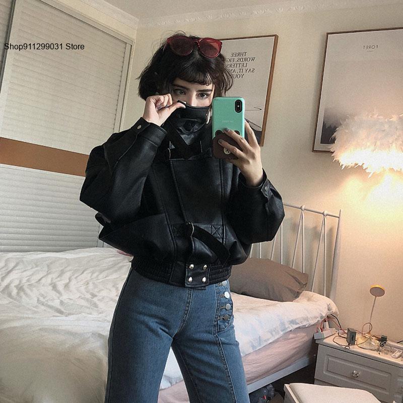 แจ็คเก็ตหนัง PU สีดำมีซิปสั้นสำหรับนักขี่หนังสังเคราะห์ทรงหลวมแนวสตรีทแขนค้างคาวฤดูใบไม้ผลิและฤดูใบไม้ร่วง