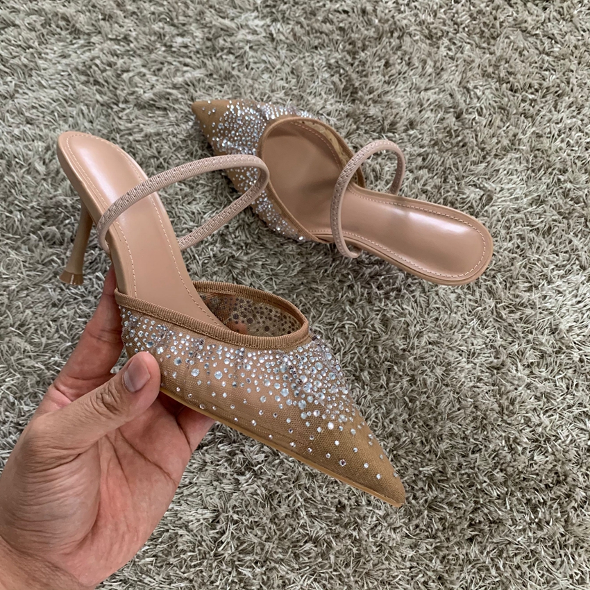 ฤดูร้อนใหม่ผู้หญิงรองเท้าแตะ Rhinestone Bright ตาข่ายรองเท้าส้นสูงรองเท้า Elegant Slingback Pointed SLIP บน PARTY Lady ปั๊มรองเท้า