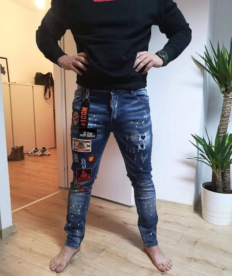 Herbst Winter Neue Gebrochene Loch Splashed Farbe Dünne Jeans Stick Tuch Elastische Blaue Bettler Hosen Denim Hosen