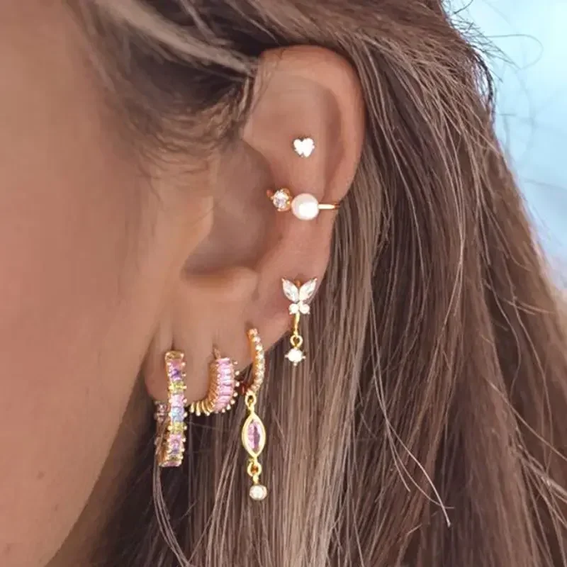 Pendientes de aro de corazón de cristal rosa con aguja de Plata de Ley 925 para mujer, pendientes colgantes geométricos a la moda, regalos de joyería de lujo