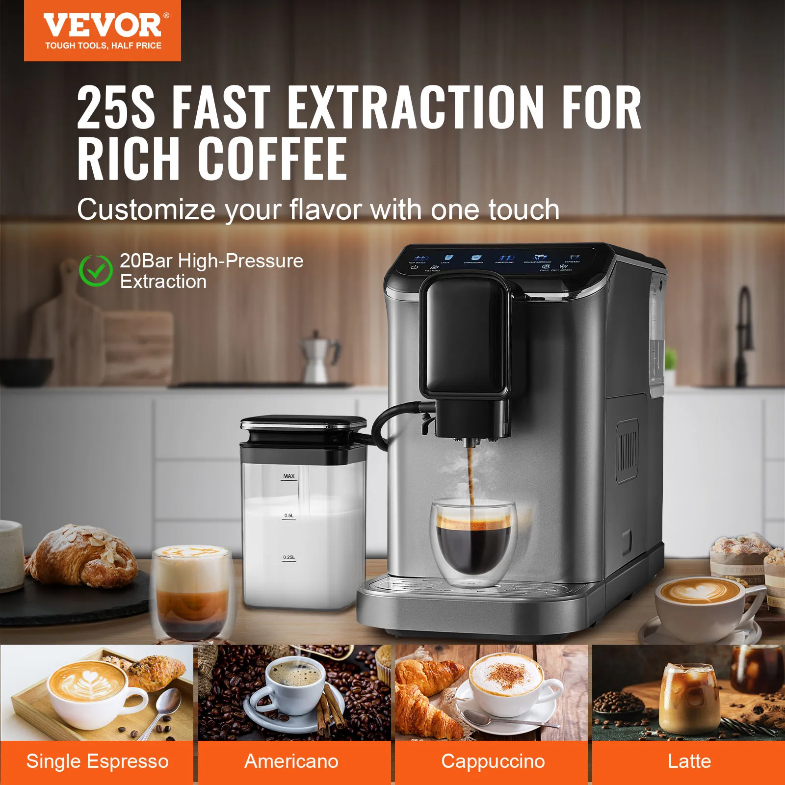 VEVOR Automatic Espresso Machine Coffee Latte Machine with Color Touch Screen 15 Grinding Levels and Removable Milk Reservoir