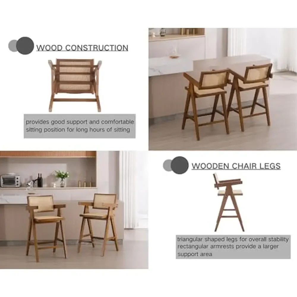 Set of 4 Wooden Farmhouse Barstools with Rattan Woven Back/Arms Kitchen Island Chic Boho Design High-Quality Materials Ultimate