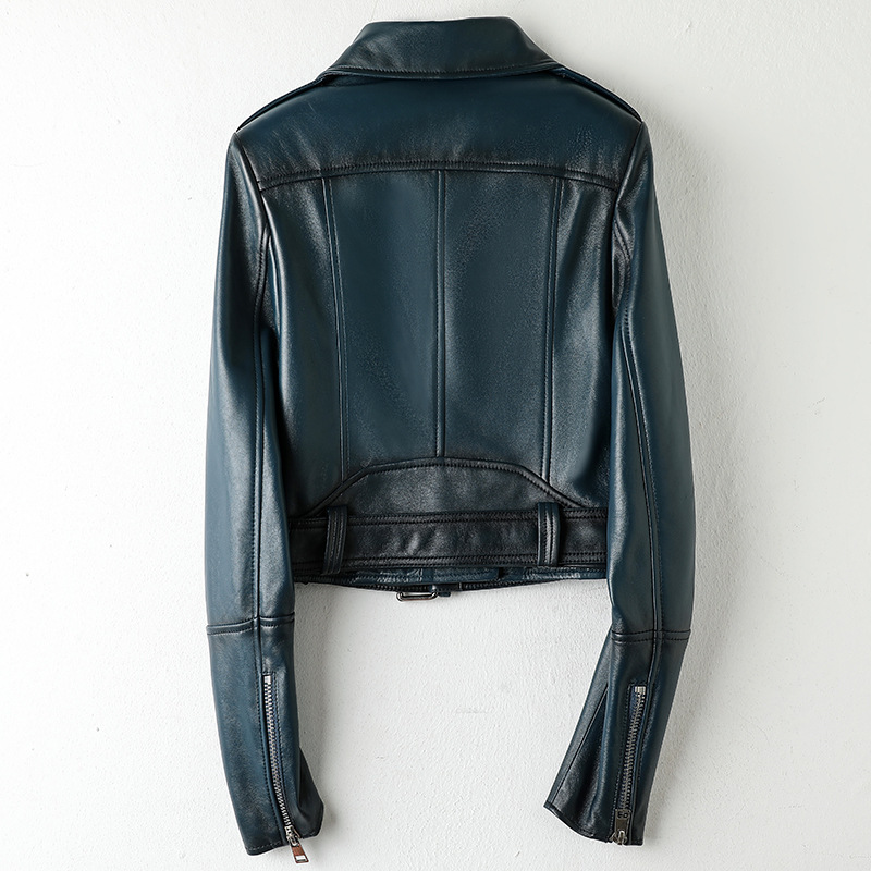 Roupas femininas de couro de ovelha, cores gradientes, zíper curto, jaquetas de motocicleta e saias de cintura alta, roupas de couro real