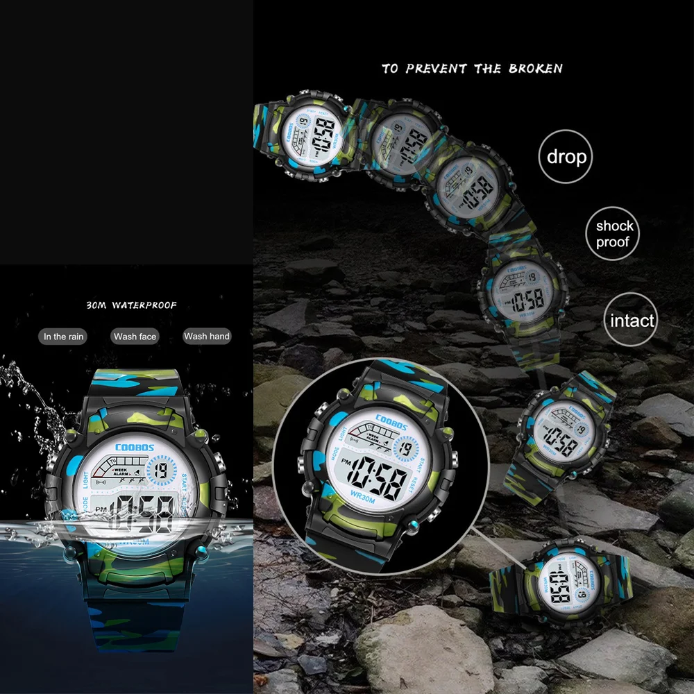 Coobos crianças relógio camuflagem esportes eletrônico digital relógio à prova dwaterproof água multi-função led relógio para meninos meninas crianças relógio