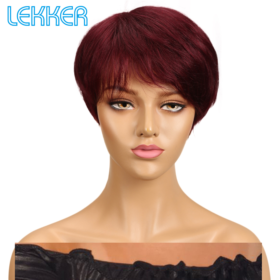 Lekker Màu Ngắn Thẳng Bob Pixie Tóc Tóc Giả Với Bangs Cho Nữ Brasil Remy Tóc Không Ren Đỏ Burgundy giá Rẻ Tóc Giả