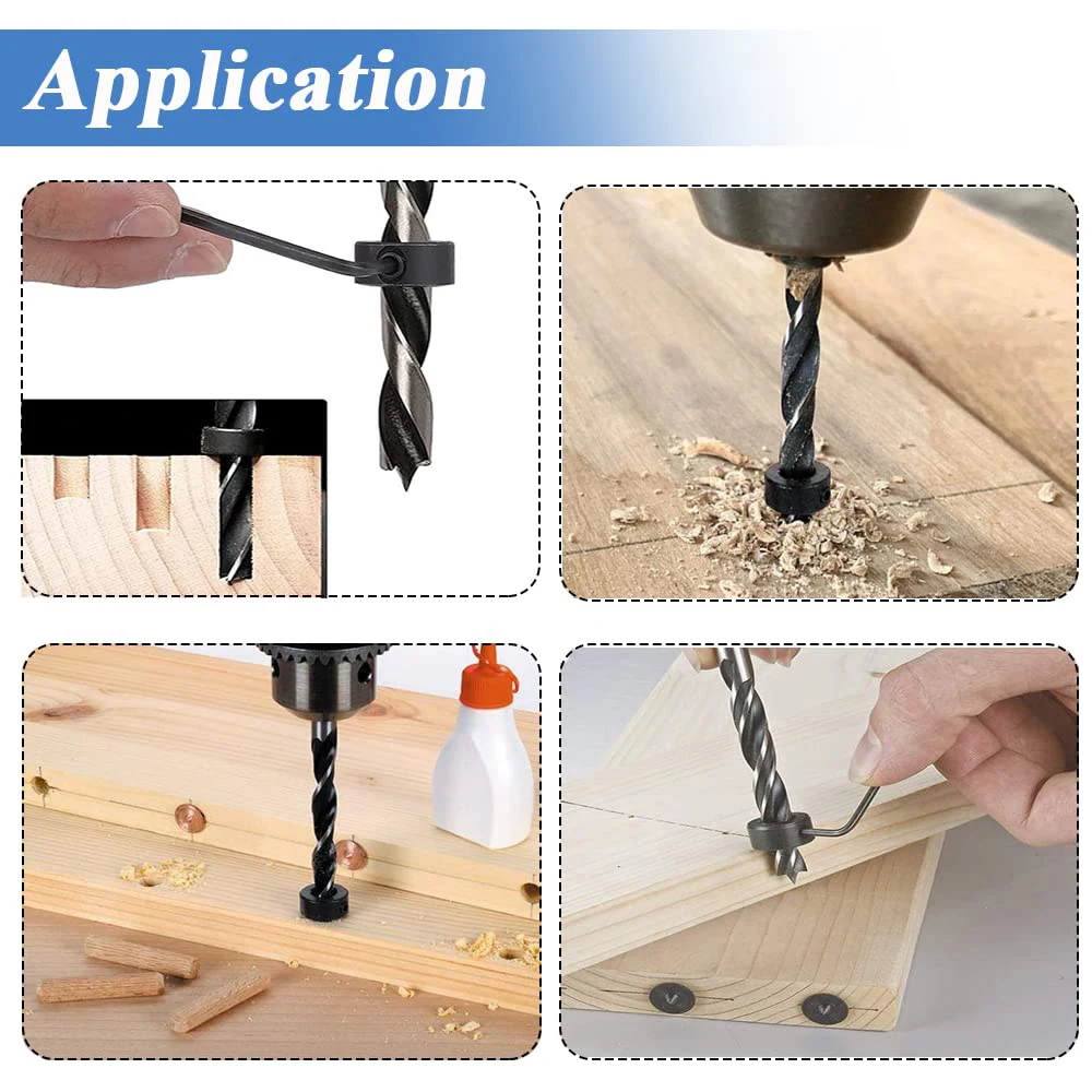 New Drill Depth Stop Bit Collar Set Adjustable Positioner Limit Ring Allen Wrench Tighten Stopper Set-Screws Woodworking Tool