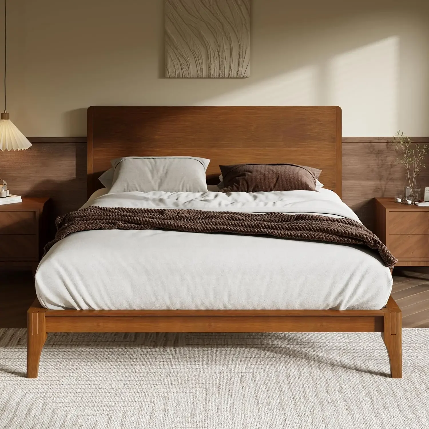 Full Size Bamboo Platform Bed, Mid-Century Modern Bed Frame with Tall Headboard, Wood Slat Support, No Box Spring Needed,Brown