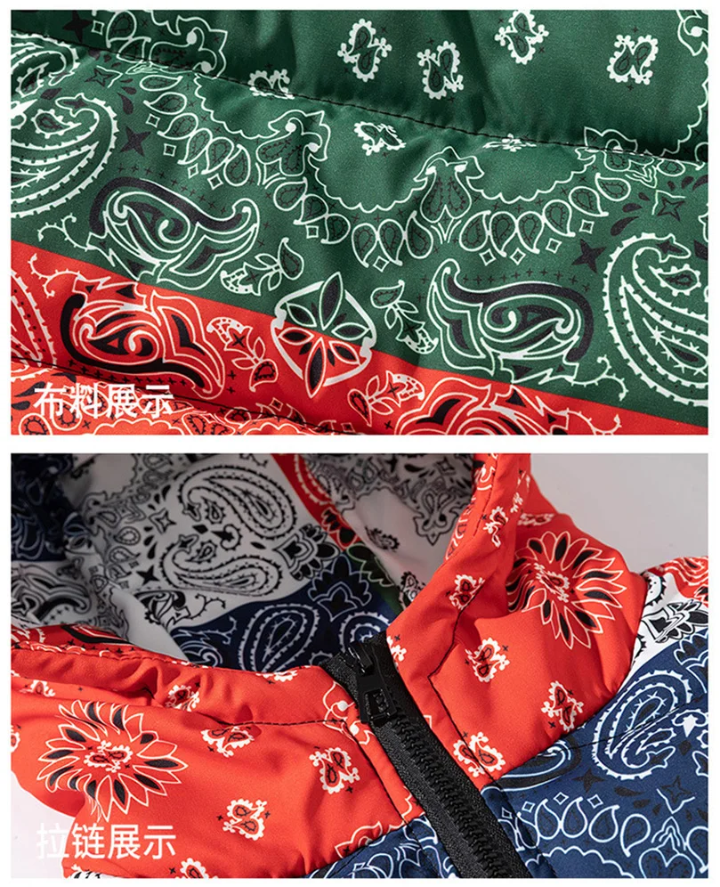 Winterjacke Herren Bandana Print Patchwork Baumwolle Gefütterter Mantel Dicke Warme Kapuze Varsity College University Oberbekleidung Neu 2024 Z1
