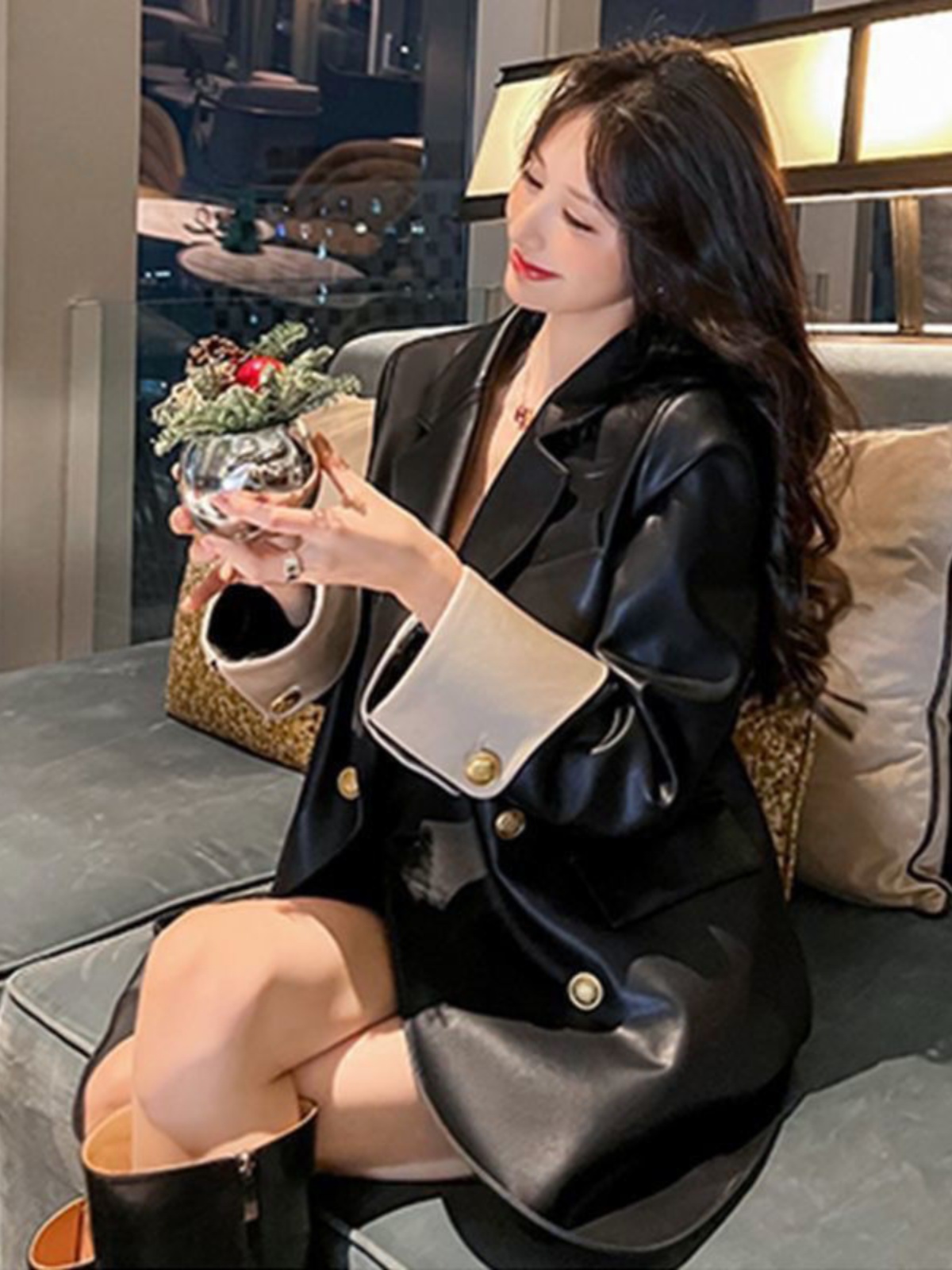 Black PU Leather Jacket Spring Autumn High-End Loose Design Korean Sle Casual Outerwear Long Sleeve V-Neck Mid-Length Coat