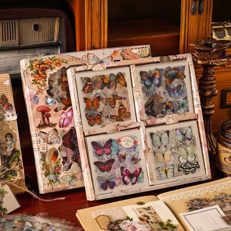 Journamm 100 ピース/パックヴィンテージ装飾ステッカーギフトボックスセット防水ペット DIY スクラップブッキングジャンクジャーナルアルバム美学文具
