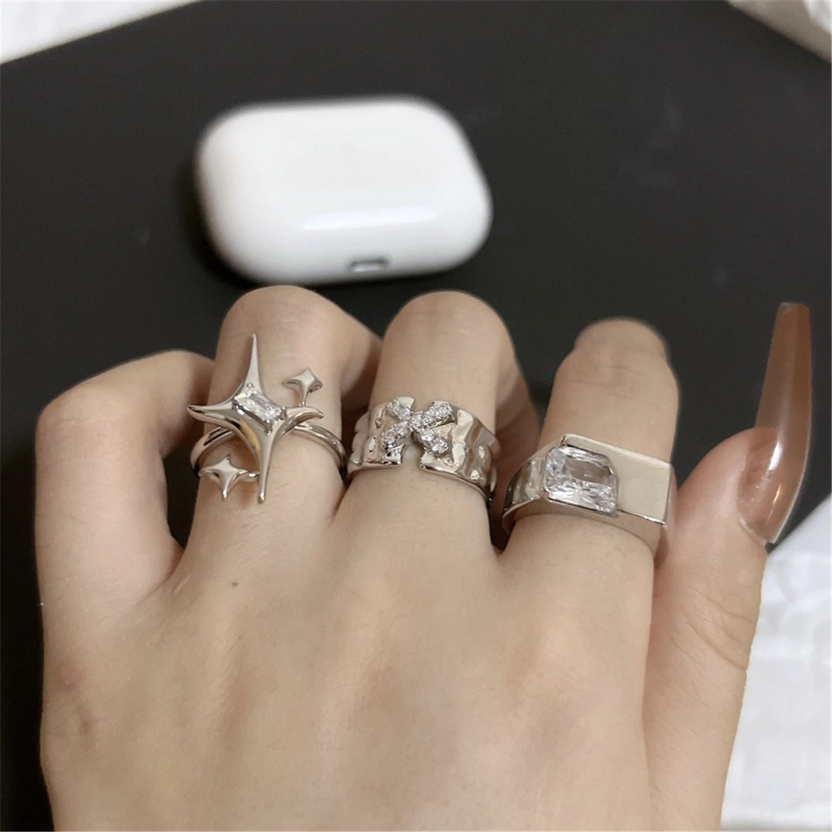 Simpatico anello aperto con stella Y2k per donna Anelli regolabili color argento vintage creativo Regalo di gioielli per coppia