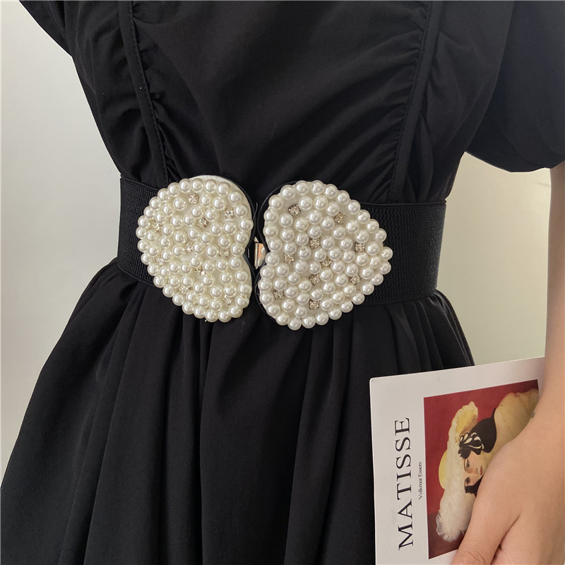 Linda pérola cintura elástica feminina saia elegante francesa combinando vestido elegante terno elástico cintura larga