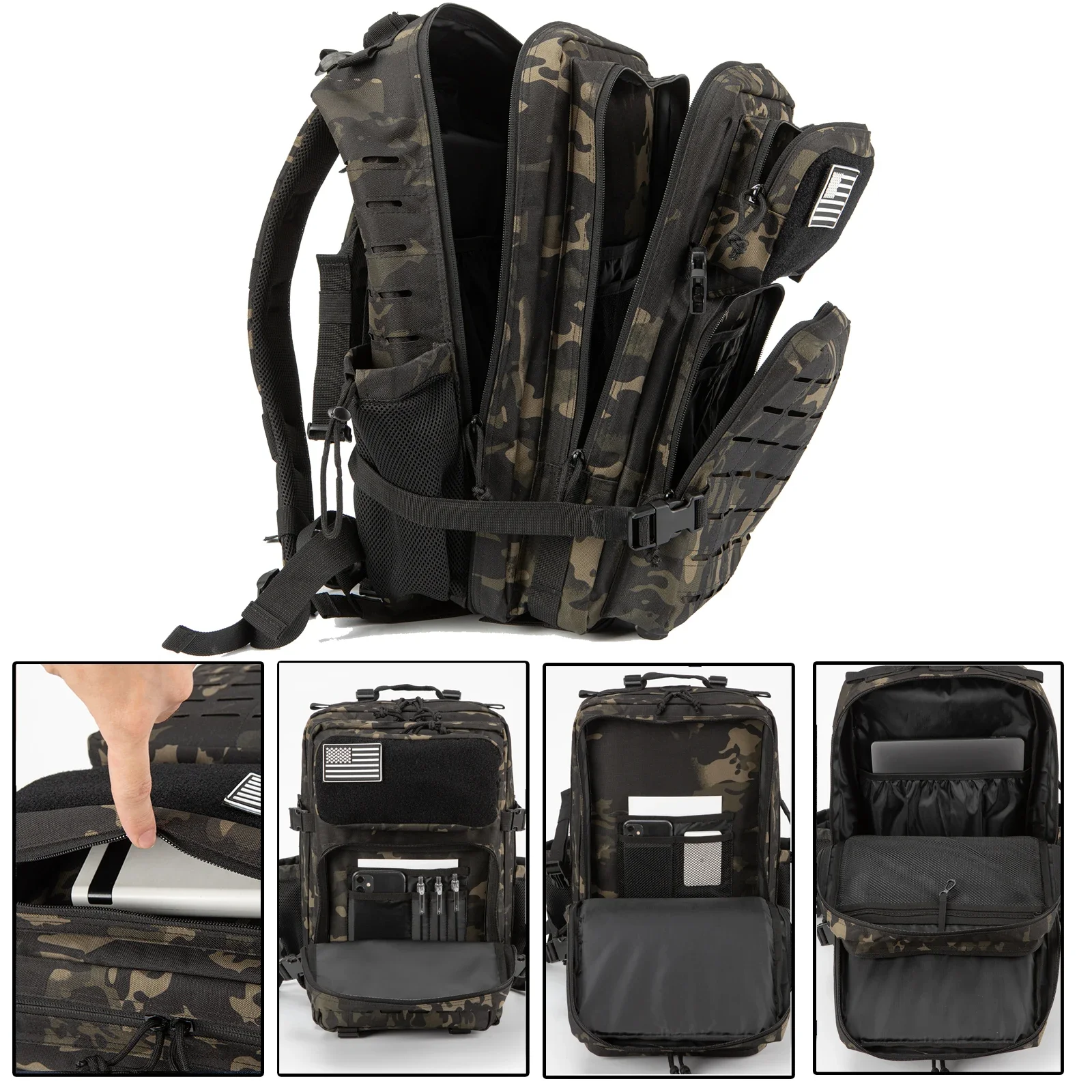 Mochila tática de 25l/45l, para mulheres/homens, corte a laser, molle, caminhadas, pacote de 3 dias, bolsa escolar, academia, com suporte de copo duplo