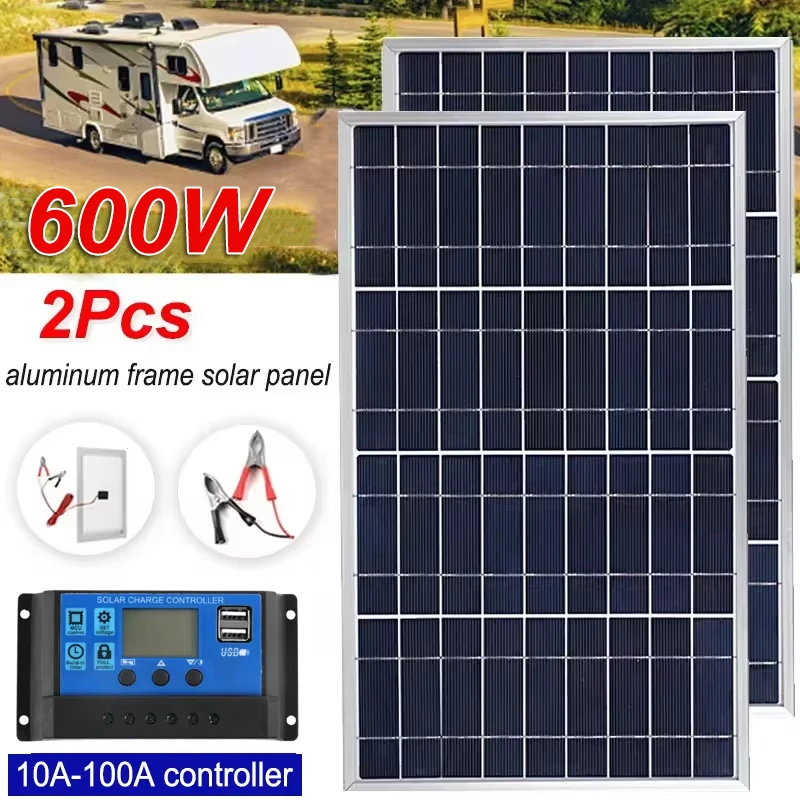 Panel słoneczny o mocy 600W ​ ​   Generator przenośny 12V polikrystaliczny, z wyjściem USB, do oświetlenia i zasilania na kempingu/domu.