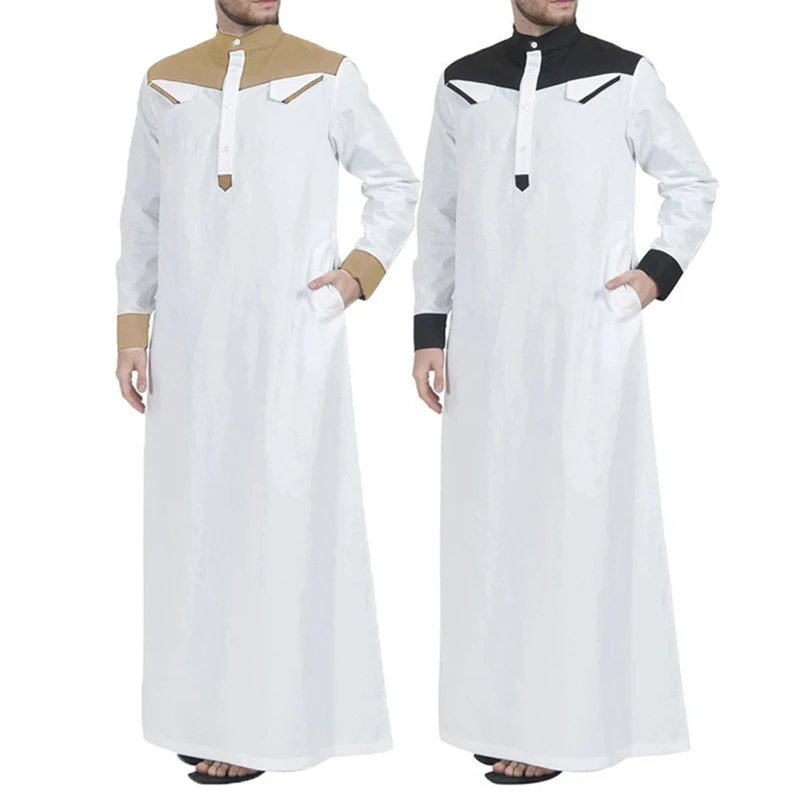 Hồi Giáo Thobe Thoải Mái Nam Caftan Dài Tay Màu Sắc Tương Phản Hồi Giáo Quần Áo Quan Cổ Hồi Giáo Áo Dây Cho Trung Đông