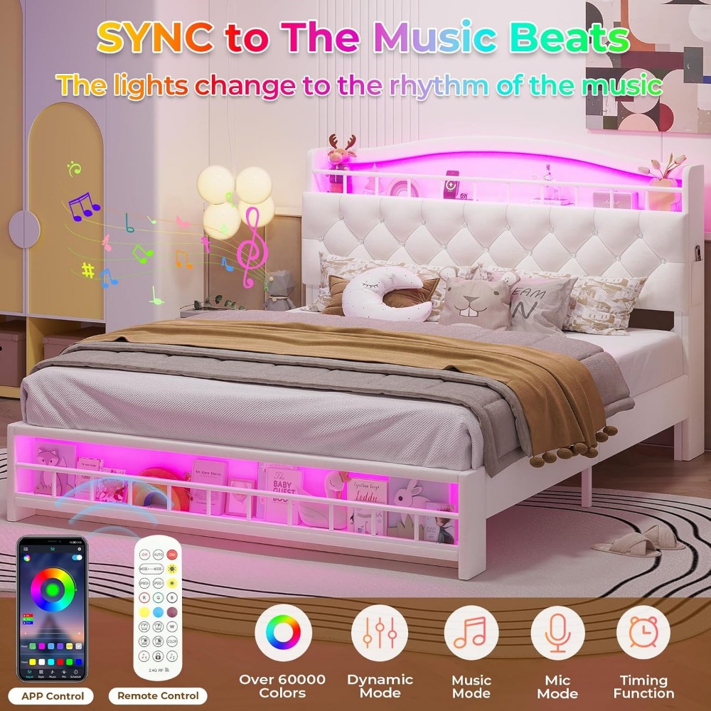 Full Bed Frame with LED Lights, Princess Velvet Upholstered Platform Bed for Girls, Headboard with Charging Station & Guardrail