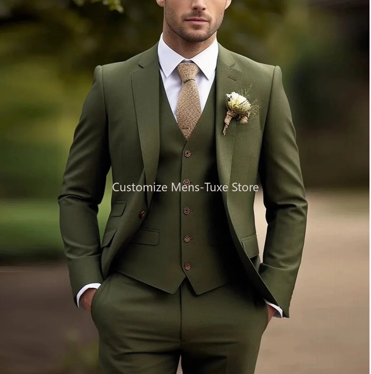 ใหม่ Beige สูทผู้ชายธุรกิจ Tuxedos อย่างเป็นทางการ 3 ชิ้นชุดเสื้อแจ็คเก็ตกางเกงเดี่ยวเจ้าบ่าวเจ้าบ่าวงานแต่งงานพรหม