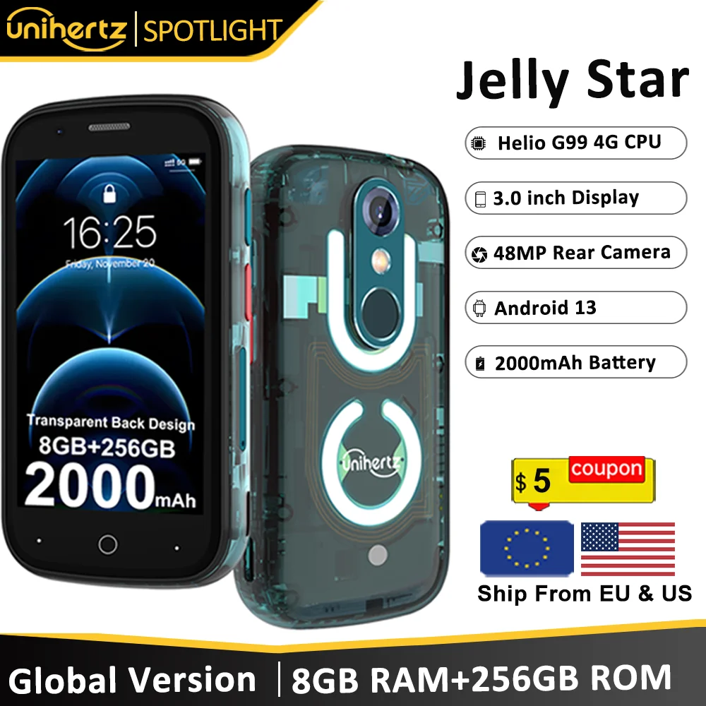 Unihertz Jelly Star Android 13 8GB 256GB Led Light Unlocked Transparent Backshell 48MP 3 inch 2000mAh