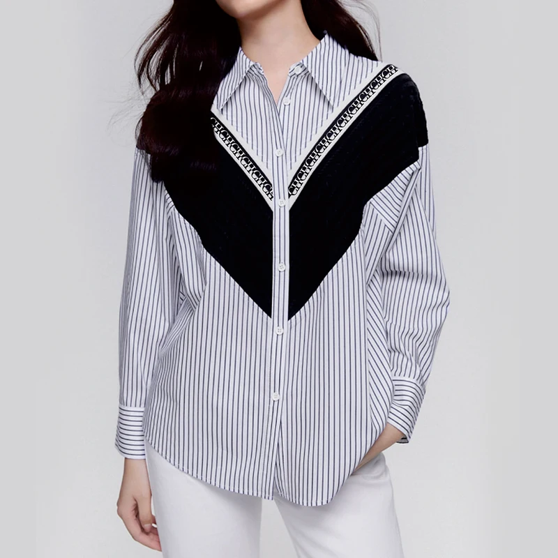 เสื้อเชิ้ตผู้หญิง High-End และ Elegant เดินทางสํานักงานผู้หญิงเสื้อ Patchwork ลายหลวมสบายๆสุภาพสตรีเสื้อแฟชั่น