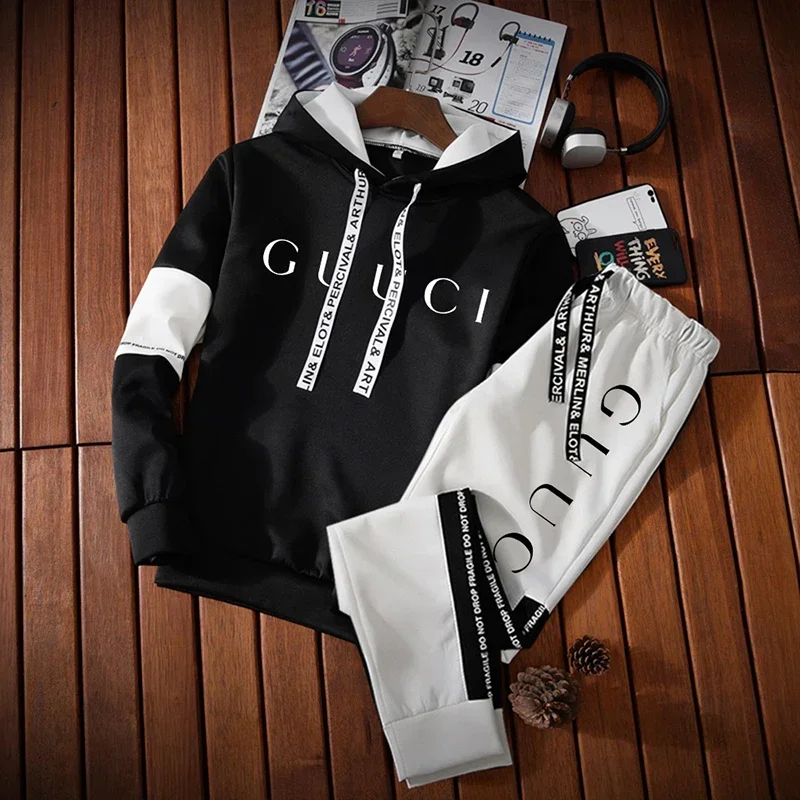 Agasalho masculino de alta qualidade moda com capuz moletom moletom casual tendência impressão pulôver clássico preto branco roupas jogging