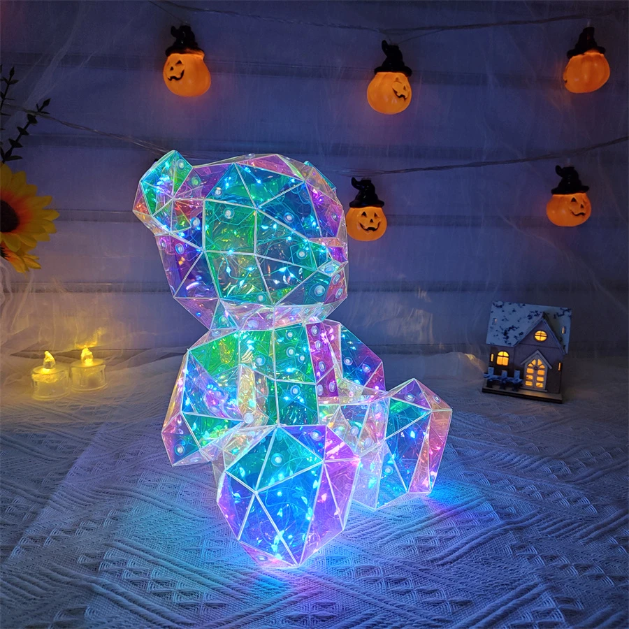明るいテディベアランプ,ギフトボックス付き,USBタイプ,かわいい,虹色,光沢,誕生日プレゼント,リビングルームの装飾,25cm