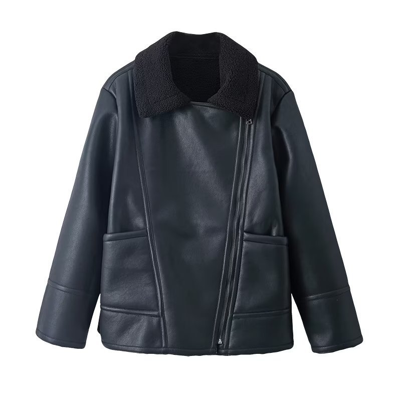 ฤดูใบไม้ร่วงฤดูหนาวผู้หญิงอบอุ่นสีดําซิปเสื้อหนัง Faux เสื้อหลวมเปิดลงปกความหนา Overcoat หญิง Outwear