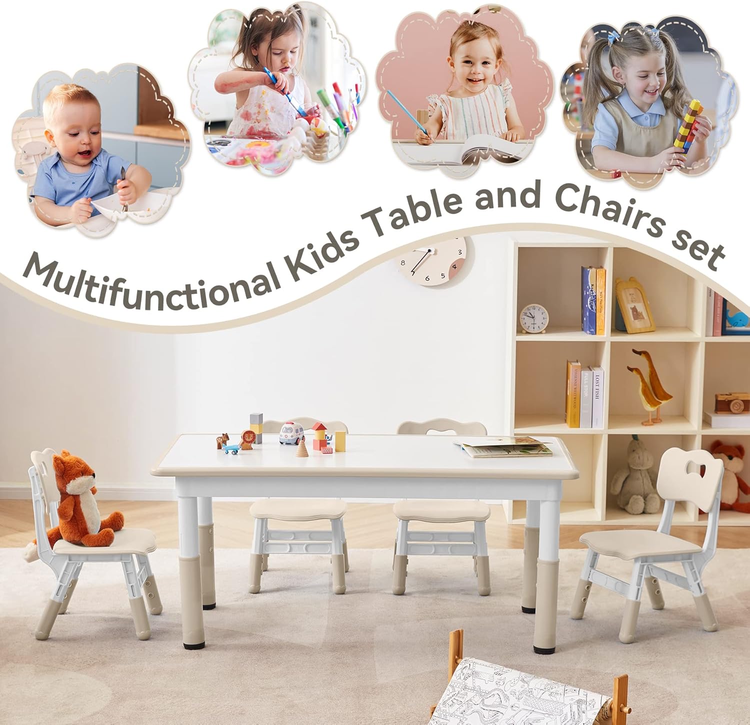 Study Table and Chairs Set, Height Adjustable Toddler Table and Chair Set for Kids Ages 3-8, Graffiti Desktop (Burlywood - 1)