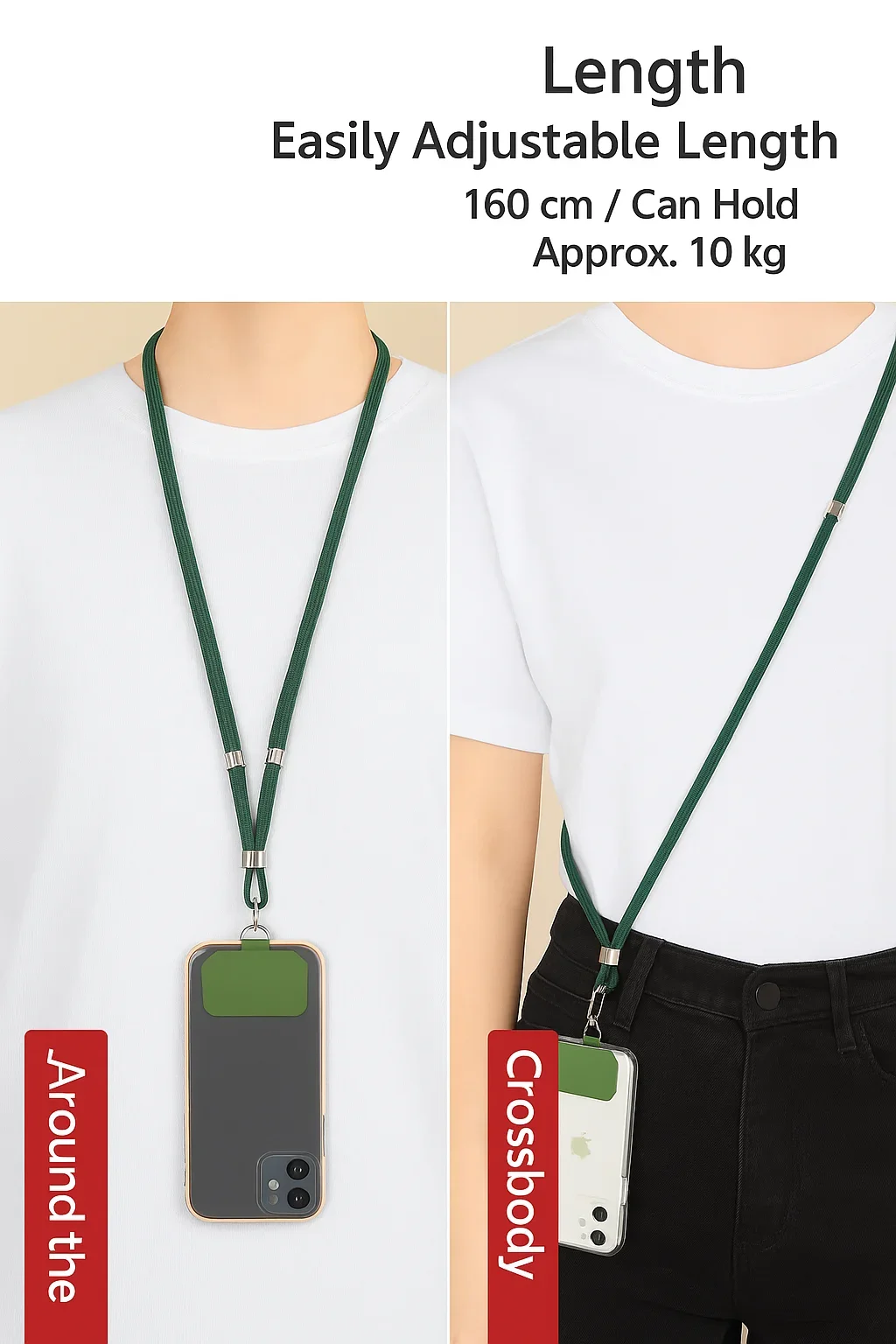 Cordón para teléfono manos libres: bandolera/correa para el cuello ajustable más larga y más gruesa - Accesorio universal para móvil