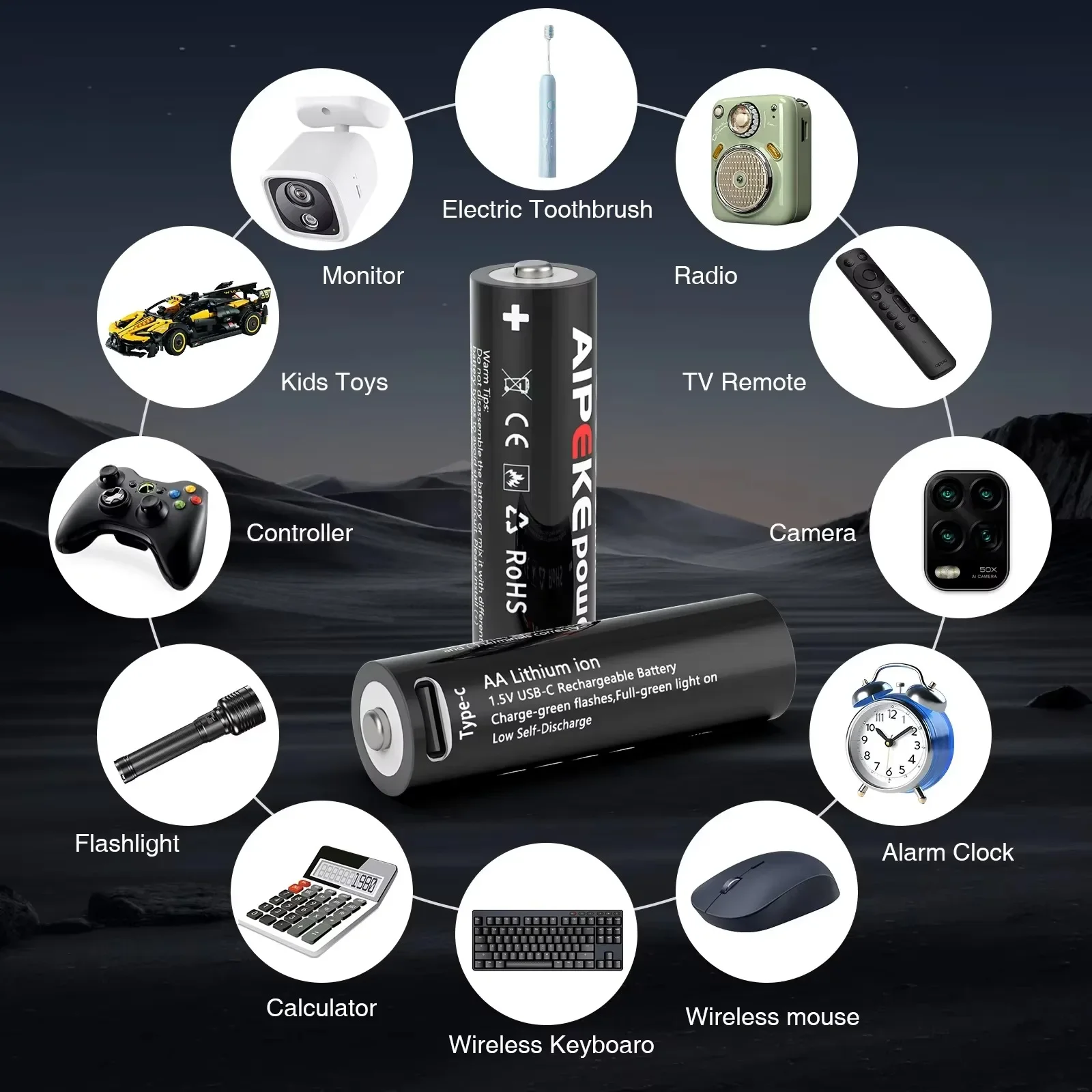 AIPEKE 1.5V 3300mWh Aa rechargeable batteries USB Type-C aa Rechargeable Lithium Battery for Hunting Camera Remote Control Mouse