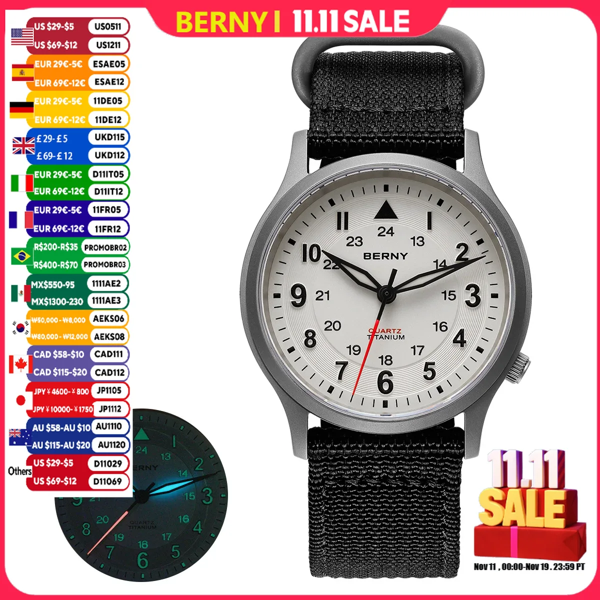 Титановые часы BERNY для мужчин, классические мужские часы для полевого пилота, легко читаемые уличные кварцевые наручные часы, супер светящийся сапфир, 5 атм