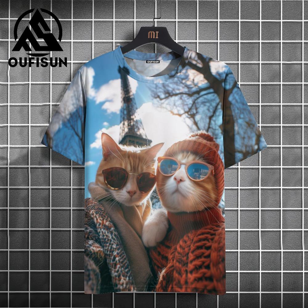 Fashion Sketch Animal Graphic Men T-shirts Cats 3D Print Oversize Short Sleeve Men T shirt O-Neck Casual Men Women T-shirt