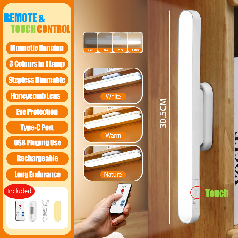 Remote LED Desk Lamp Magnetic Hanging Night Light USB Rechargeable Table Lamp 3 Colors Reading Light For Cabinet Closet Wardrobe