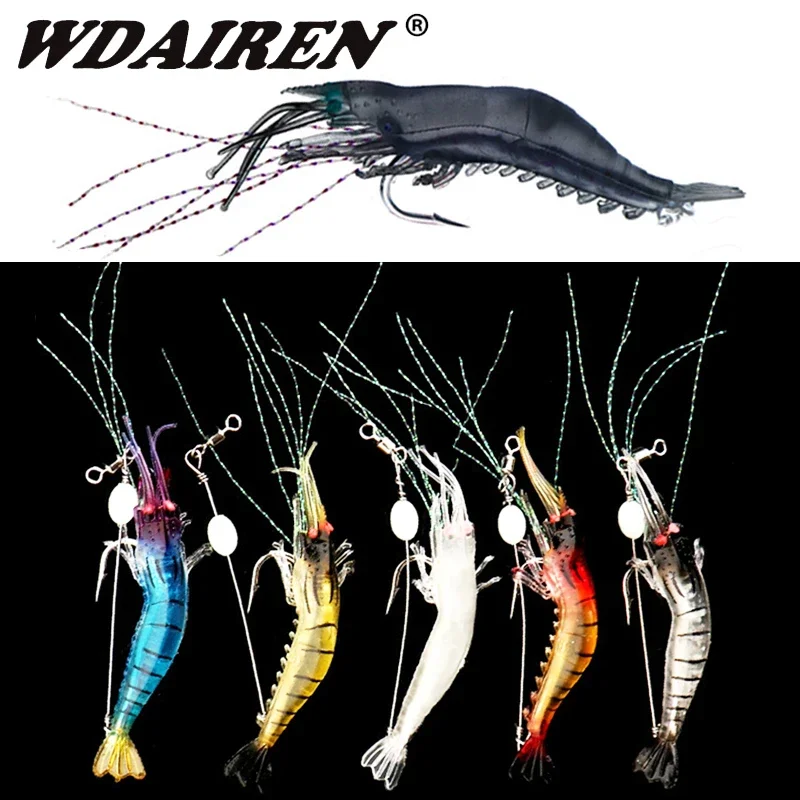 Señuelos de pesca suaves y luminosos, cebo con forma flotante de camarón falso, camarones artificiales biónicos con anzuelo, aparejos de pesca, 1 ud.