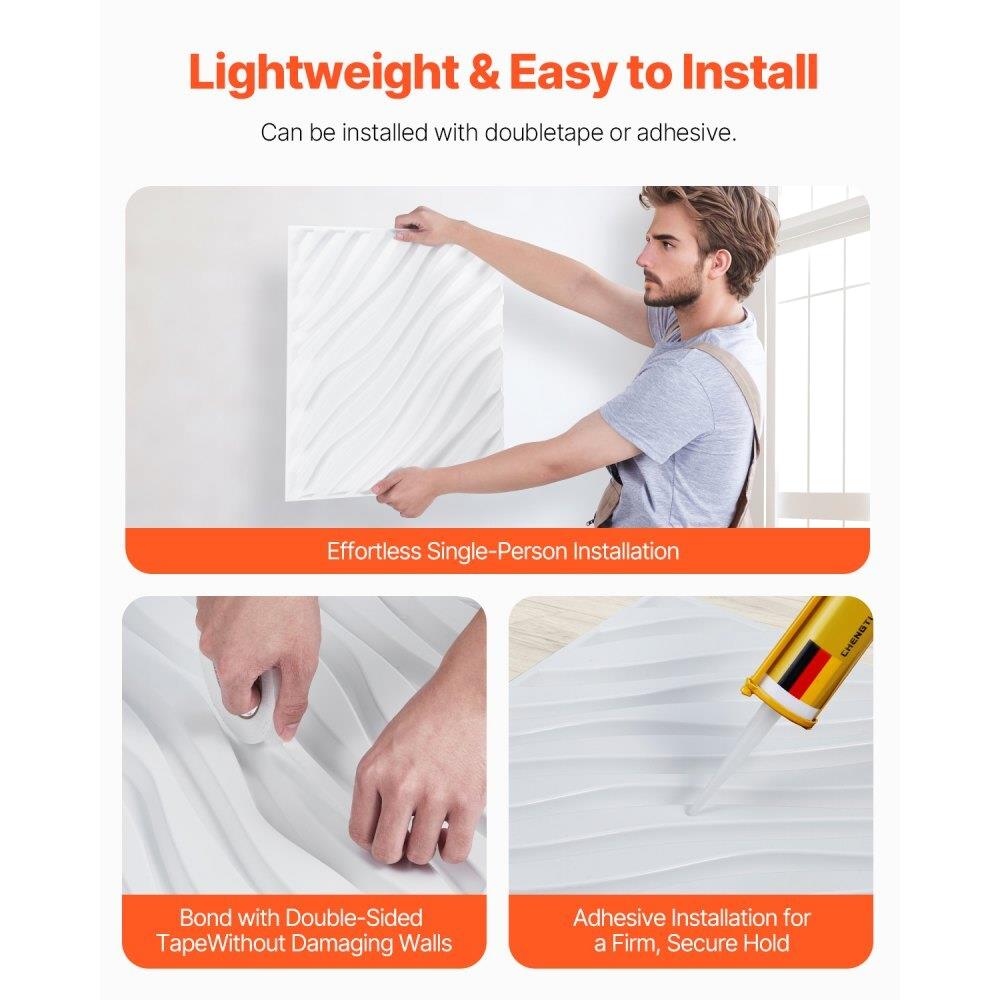 3D Wall Panels 12-Pack 19.7x19.7 inches PVC 32 Sq Ft Coverage Wave Matte White